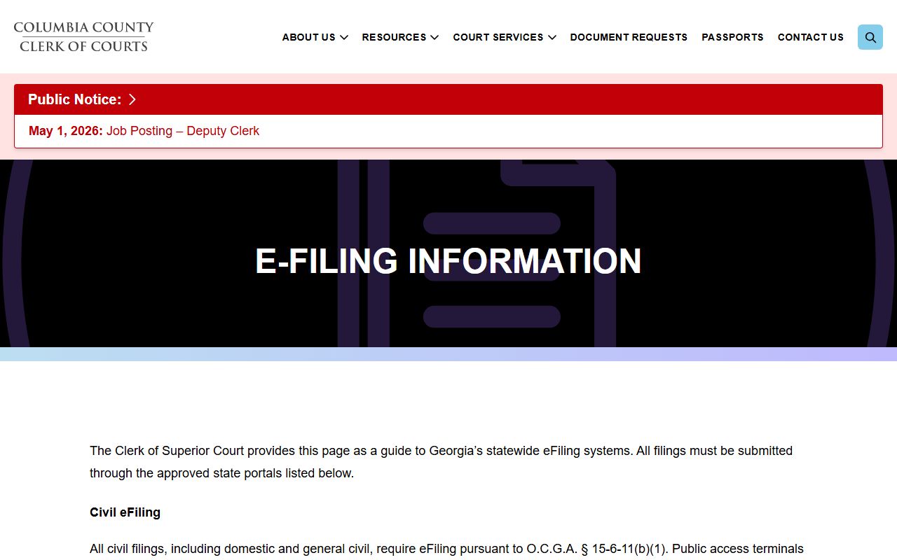 Columbia County Clerk of Superior Court eFiling information