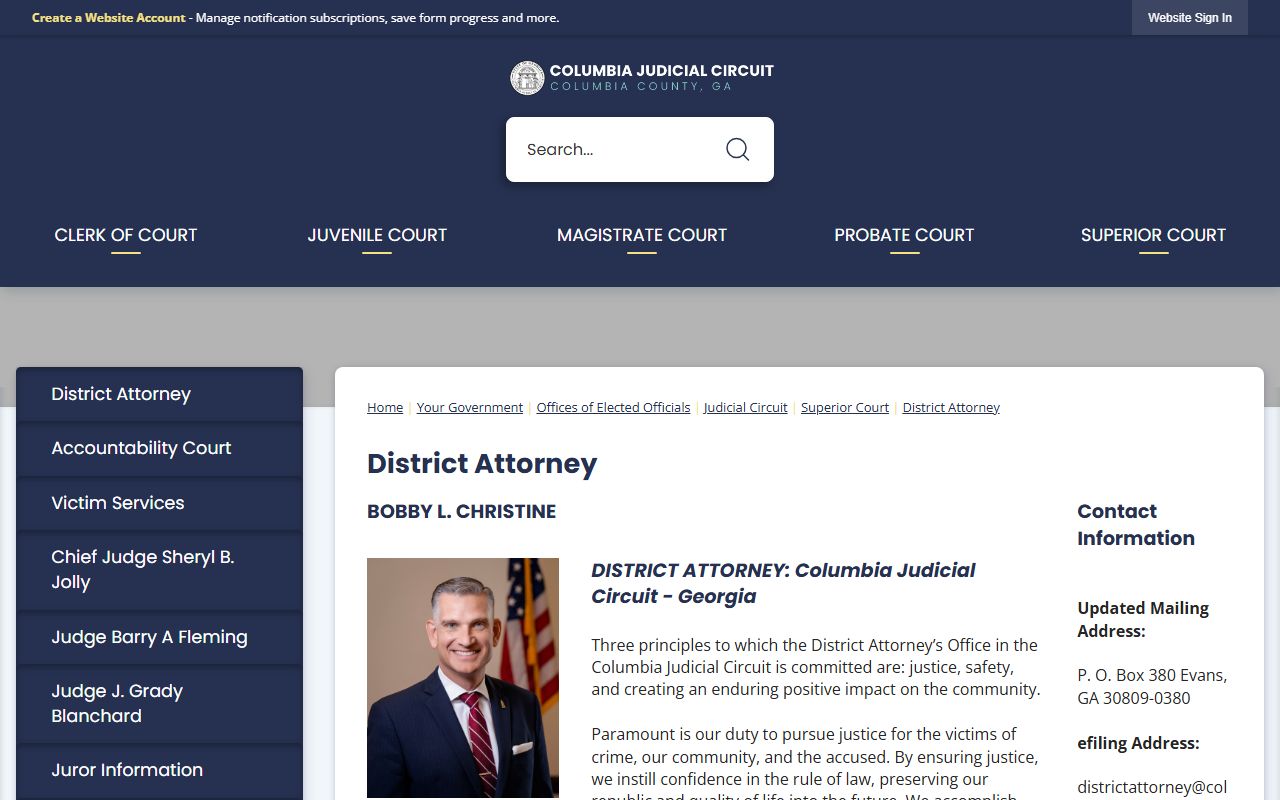Columbia County criminal court records District Attorney page