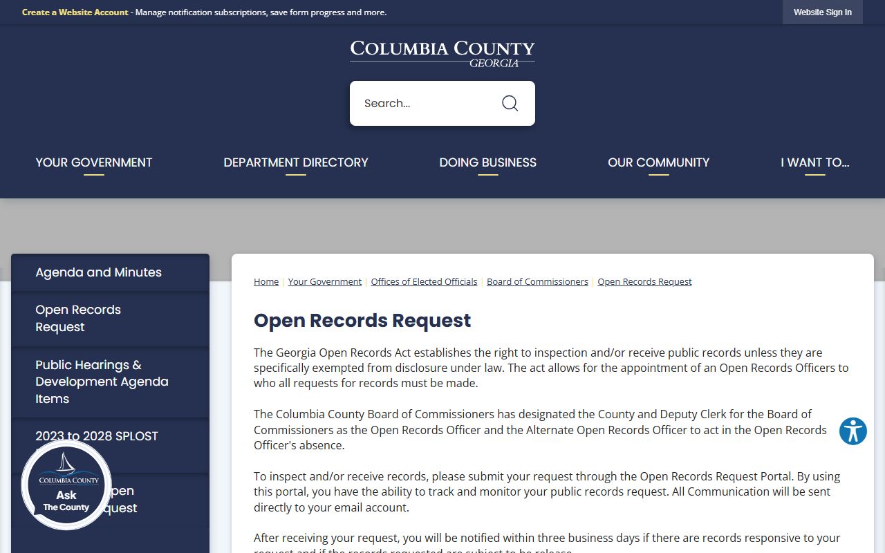 Columbia County court records county open records request page