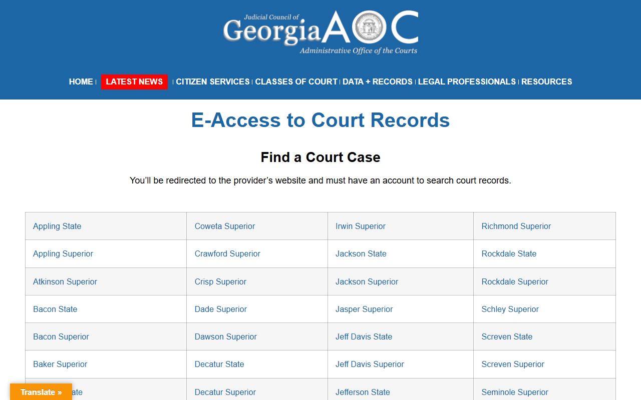 Columbia County court records Georgia Courts eAccess page