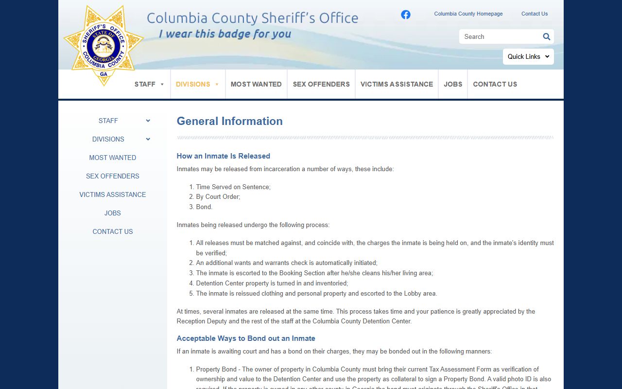Columbia County inmate records jail general information mail rules