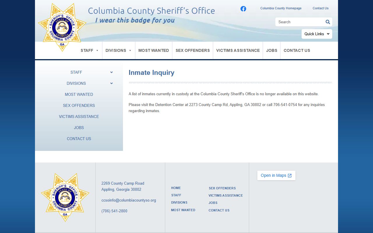 Columbia County inmate records sheriff inmate inquiry notice