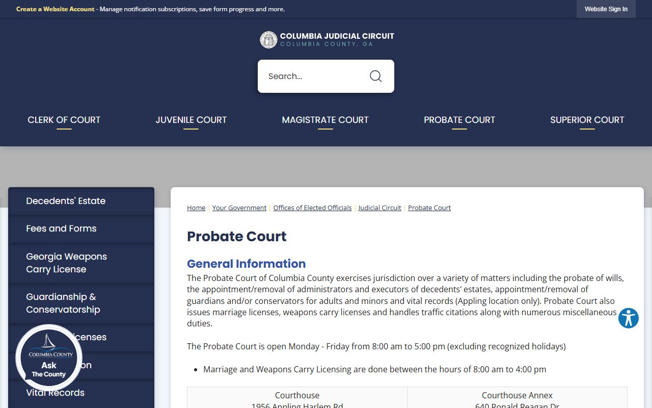 Columbia County probate records Probate Court overview