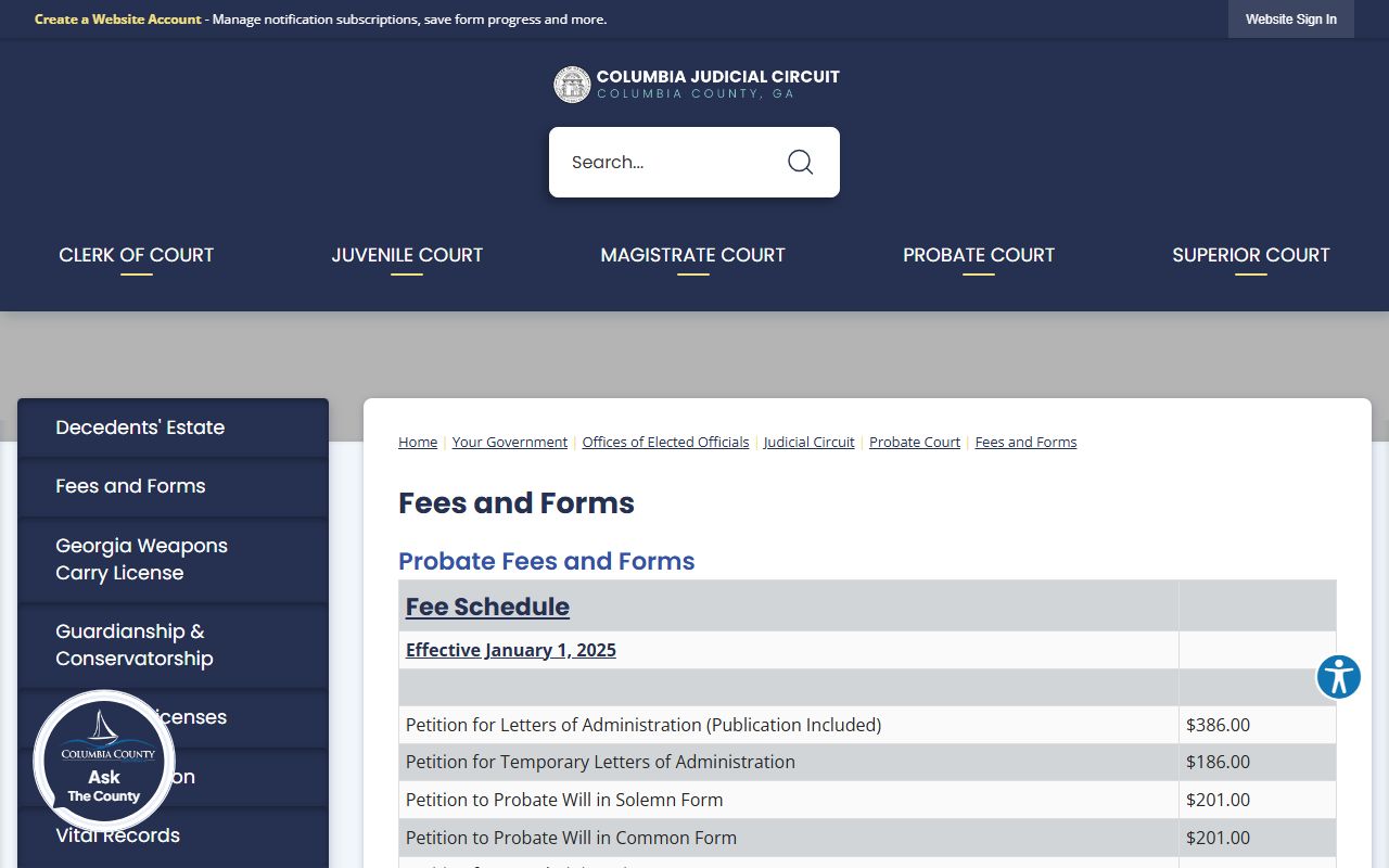 Columbia County probate records fees and forms
