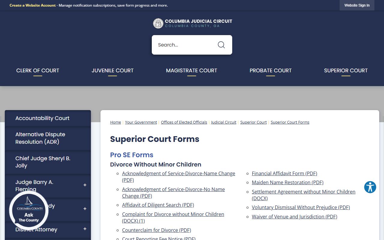 Columbia County Superior Court forms and domestic case records