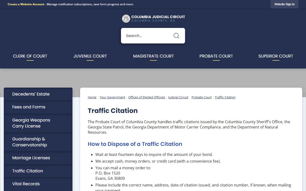 Columbia County traffic court records traffic citation instructions