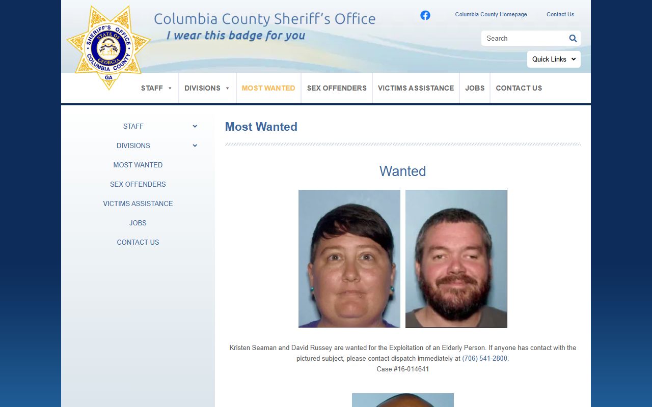Columbia County warrant records sheriff most wanted page