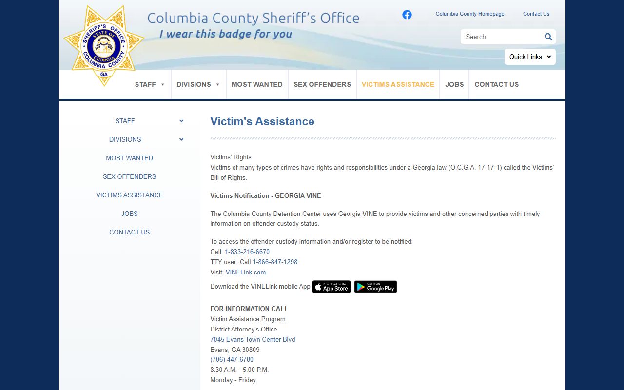 Columbia County warrant records sheriff victim assistance warrant information